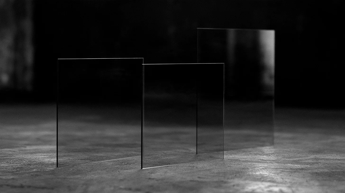 Three dark glass panels stand at different depths on a softly lit textured surface.