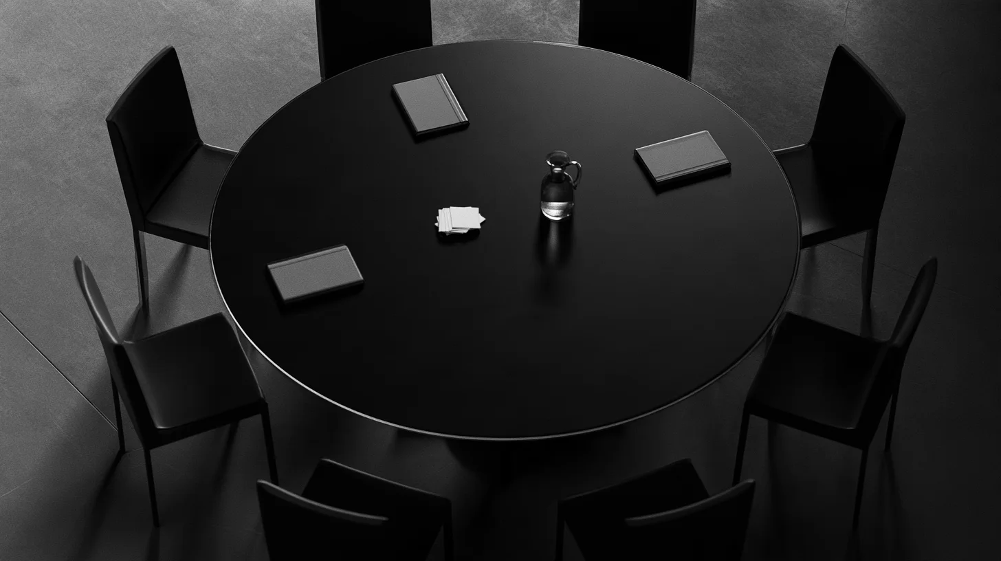An empty round meeting table holds three closed notebooks, a stack of cards, and a glass carafe.