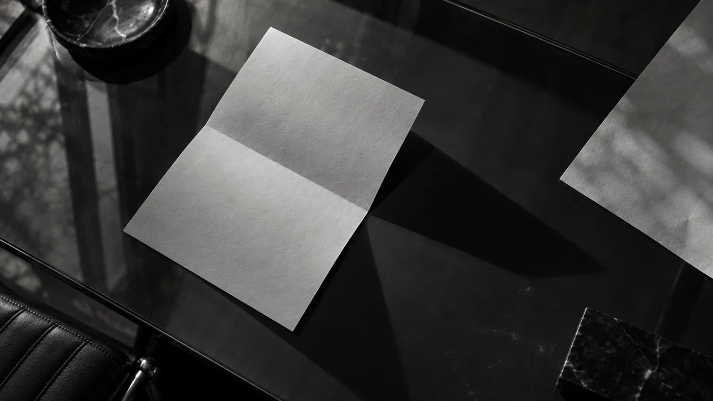An overhead photograph of a single folded sheet of paper casting a long angular shadow across a dark glass desk, a second thin sheet entering from the side.