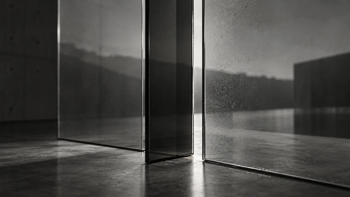 Two glass partitions with a narrow illuminated gap and a third smoked glass pane inserted between them, close architectural detail.