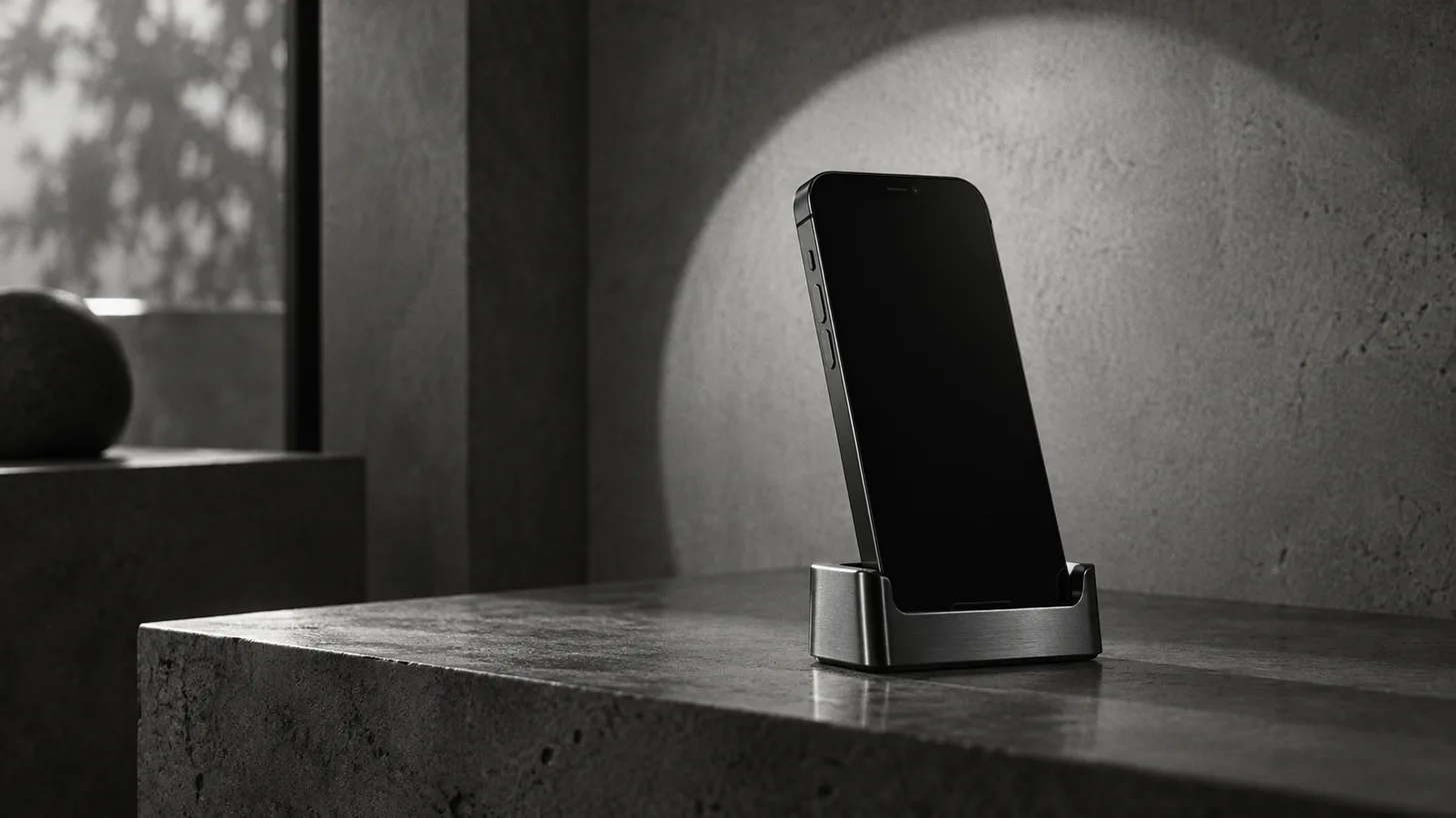 A black smartphone resting upright in a small brushed metal cradle, screen dark, side buttons clearly visible, soft circular light on the wall behind.