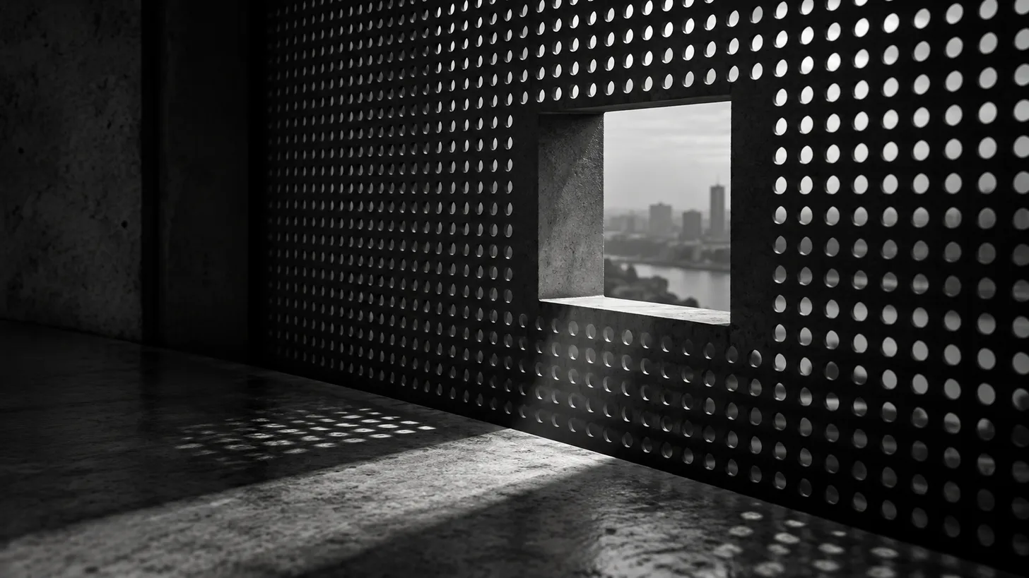 A heavy perforated metal screen with one precisely cut rectangular opening and a shaft of light through it.
