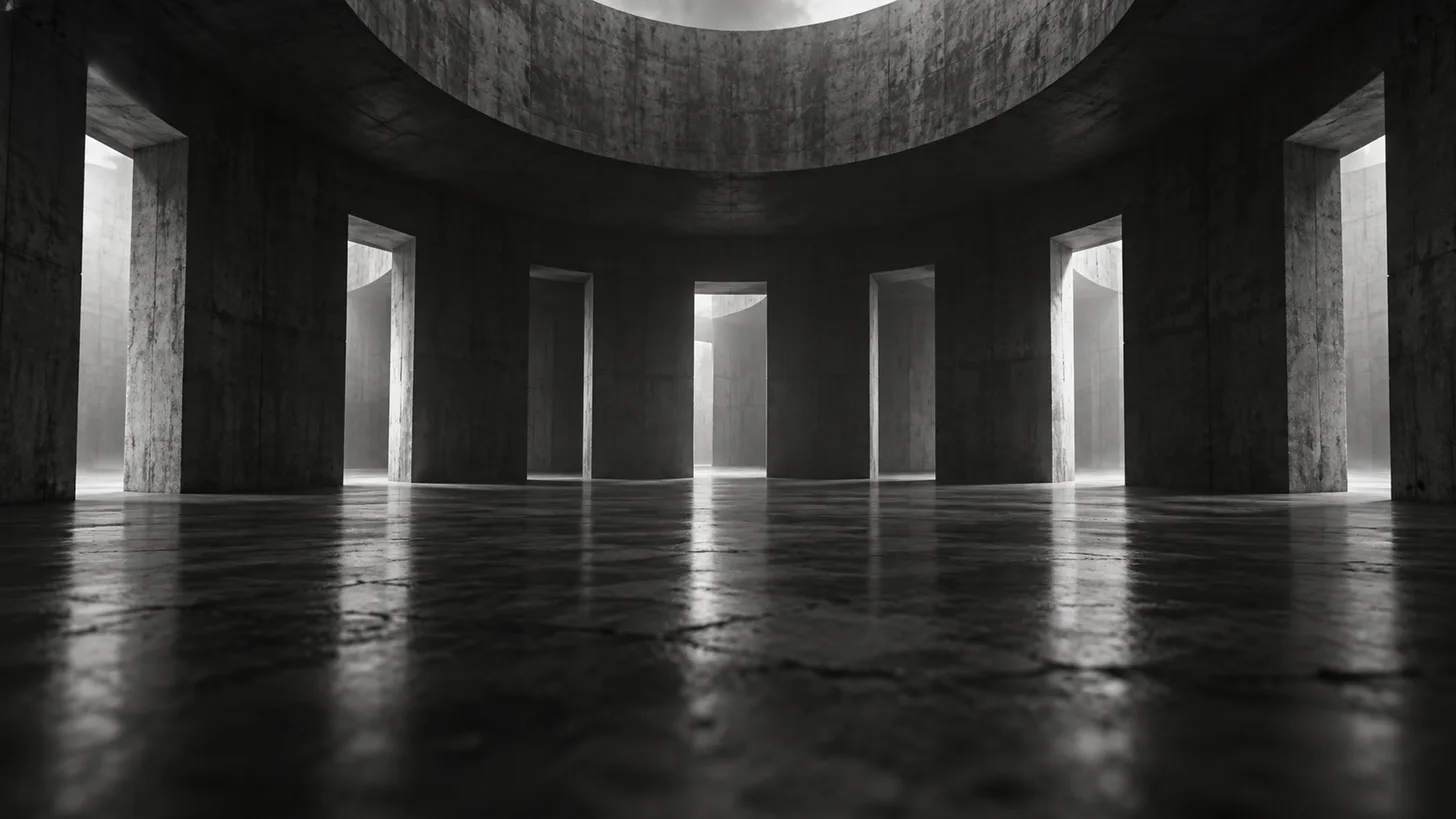 A ring of open doorways in a dark empty concrete hall photographed at ground level.