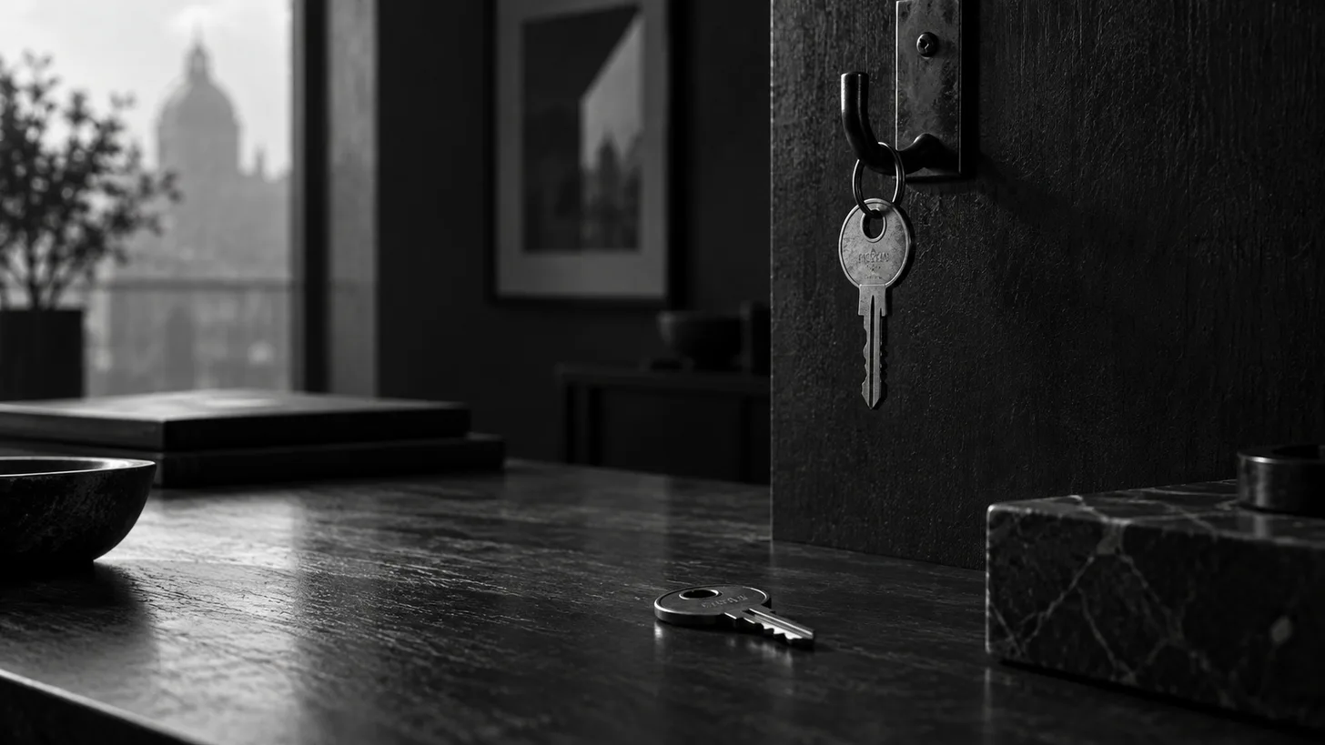 Two small unmarked metal keys on a dark desk, one suspended from a key hook above the other.