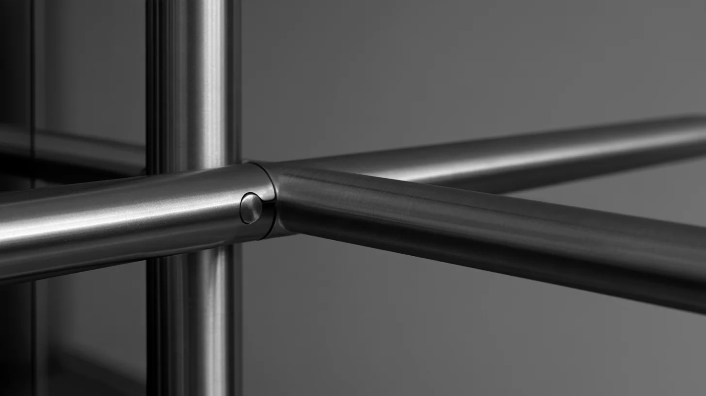 A close view of brushed-metal turnstile arms meeting at a joint.