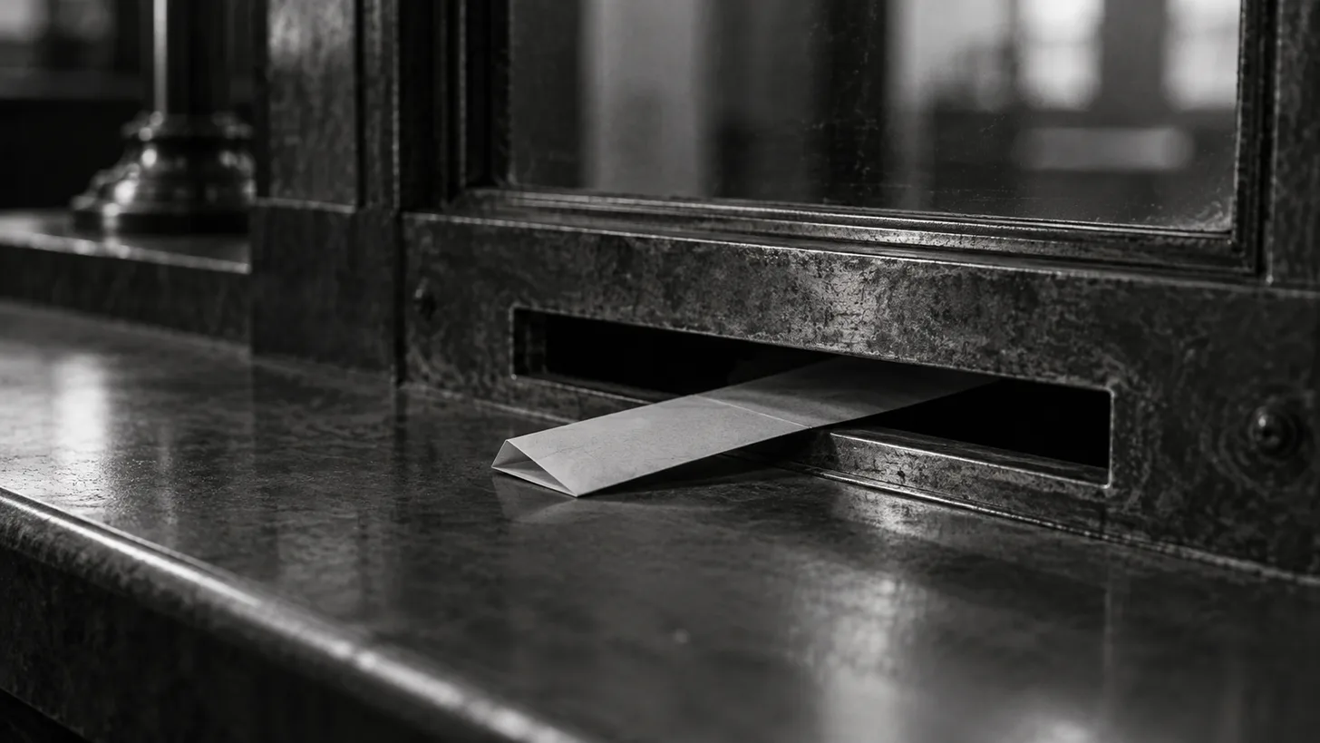 A narrow folded paper slip crossing the slot in an old metal reception counter,
