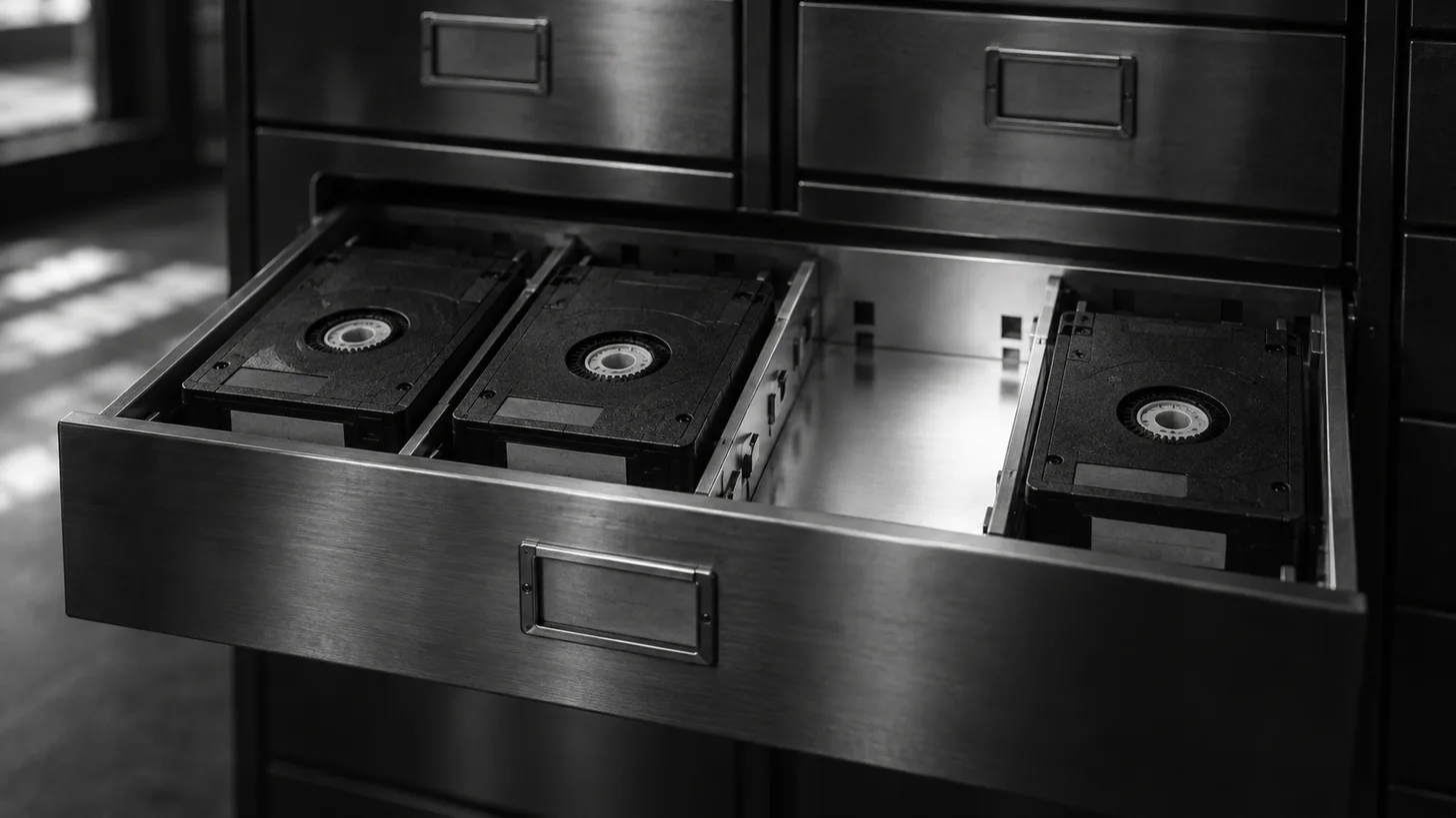 Three tape archive cartridges in a metal storage drawer, one removed leaving a bright empty slot.