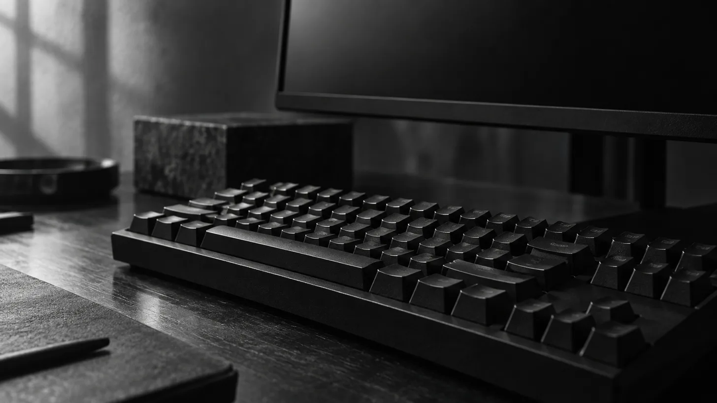 Close-up of a black mechanical keyboard beside the lower edge of a dark blank computer display, angled side lighting.