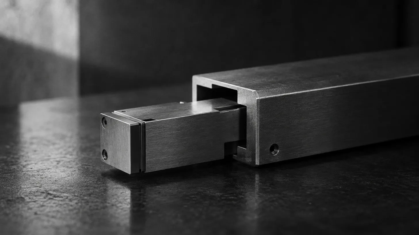 A small modular metal component partly slid into a wider precision-machined chassis, crisp geometric interlocking edges.