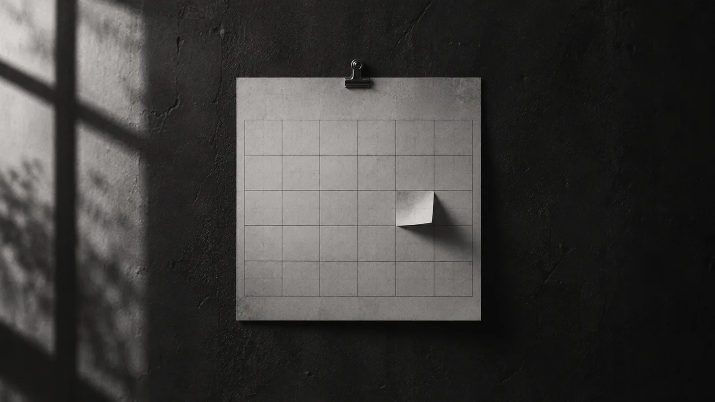 An unmarked grid calendar page held on a dark wall by one small metal clip, one square folded outward.