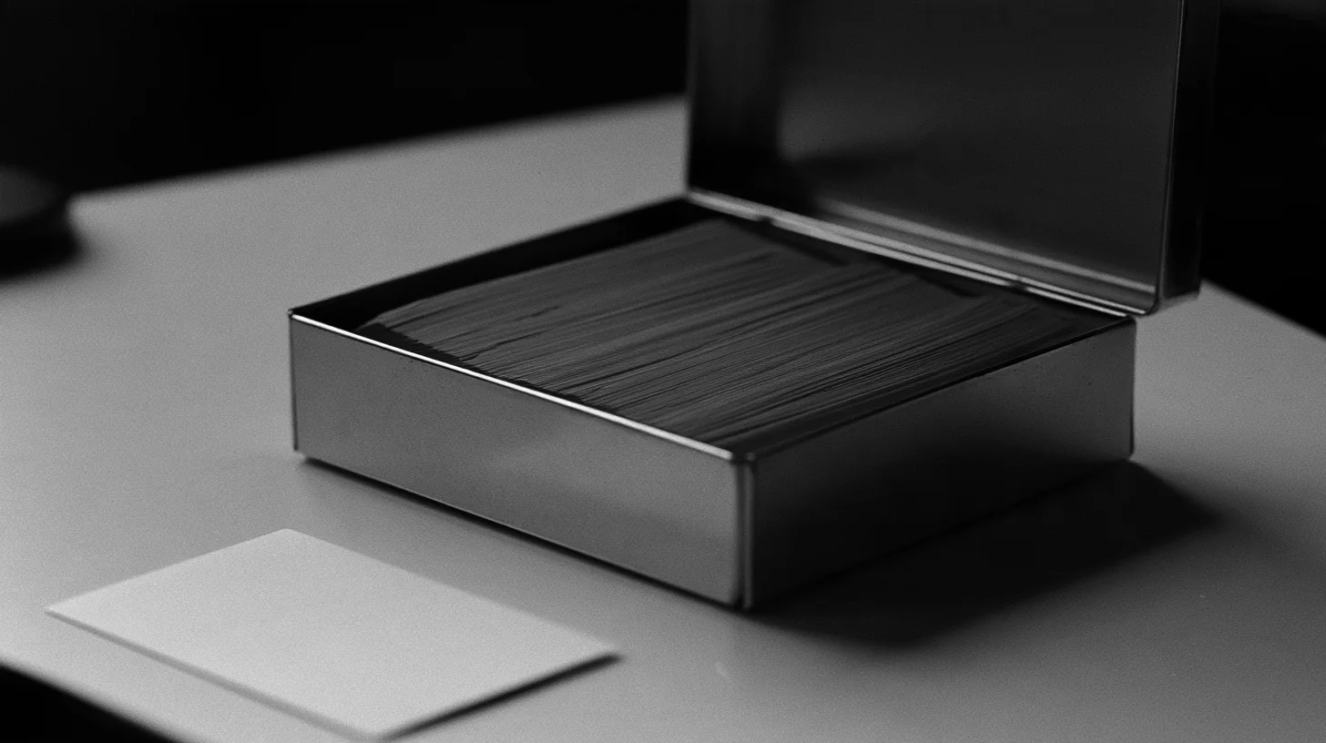 An open metal box holding stacked cards, with a loose blank card on the desk.