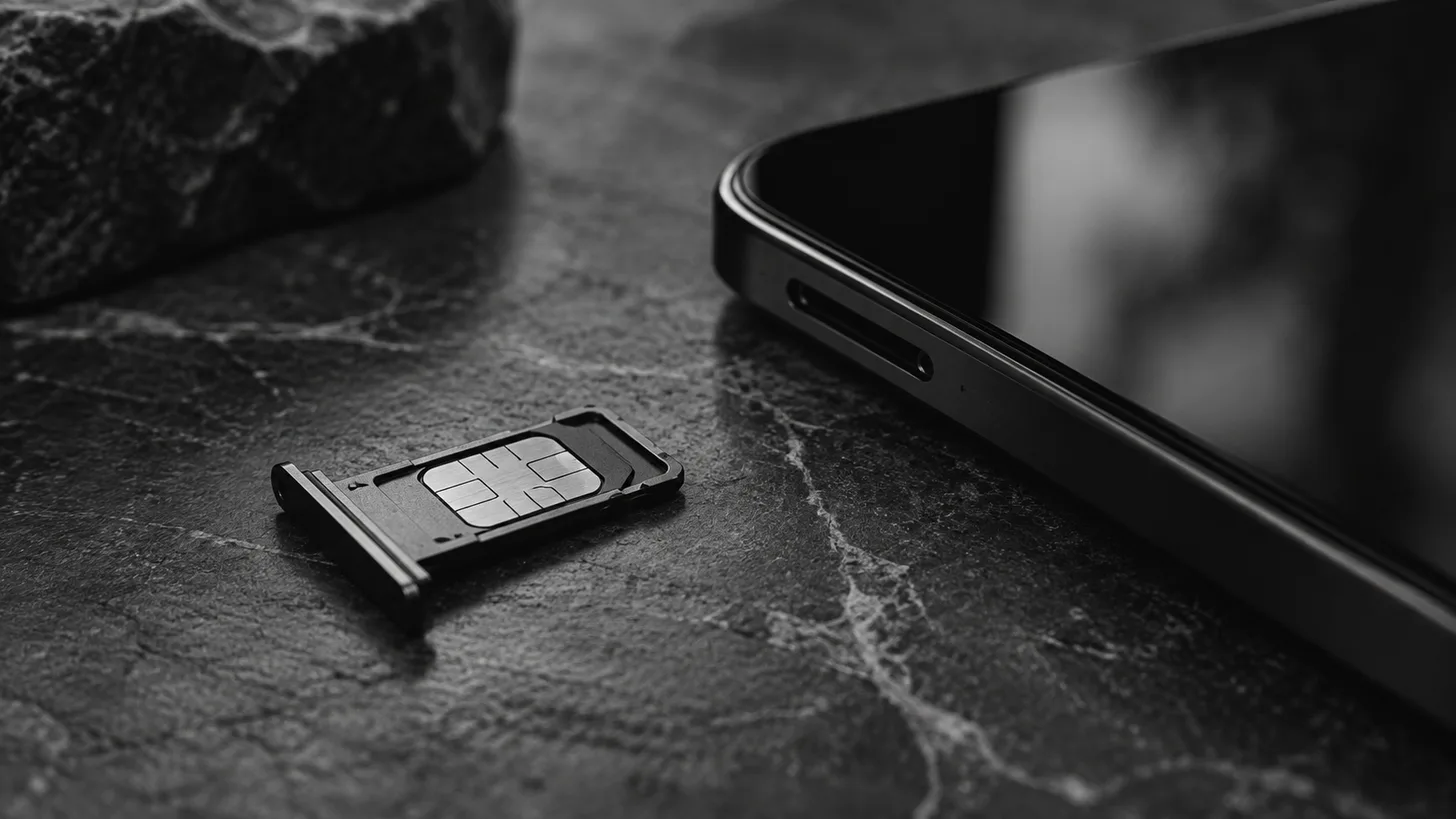 A SIM card tray and an unmarked phone lying apart on a stone surface.
