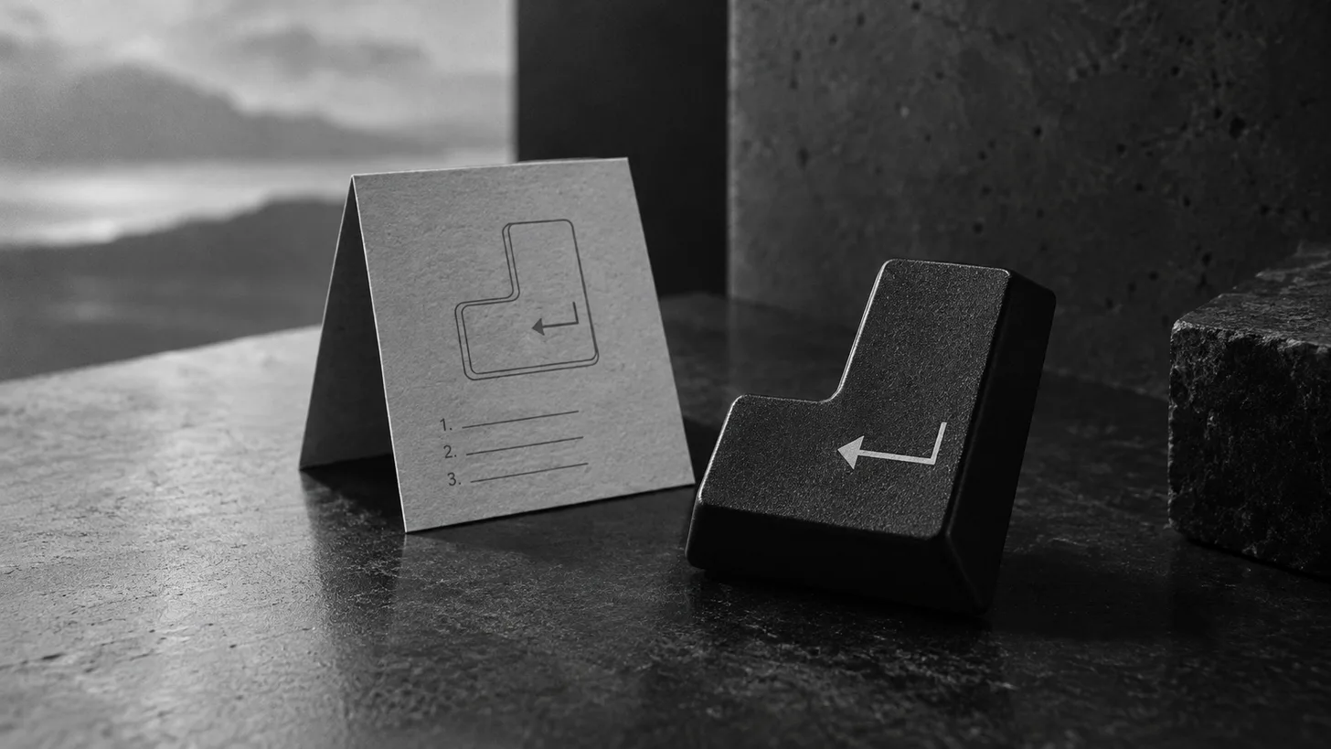 A large keyboard enter key isolated beside a folded instruction card on a charcoal table.