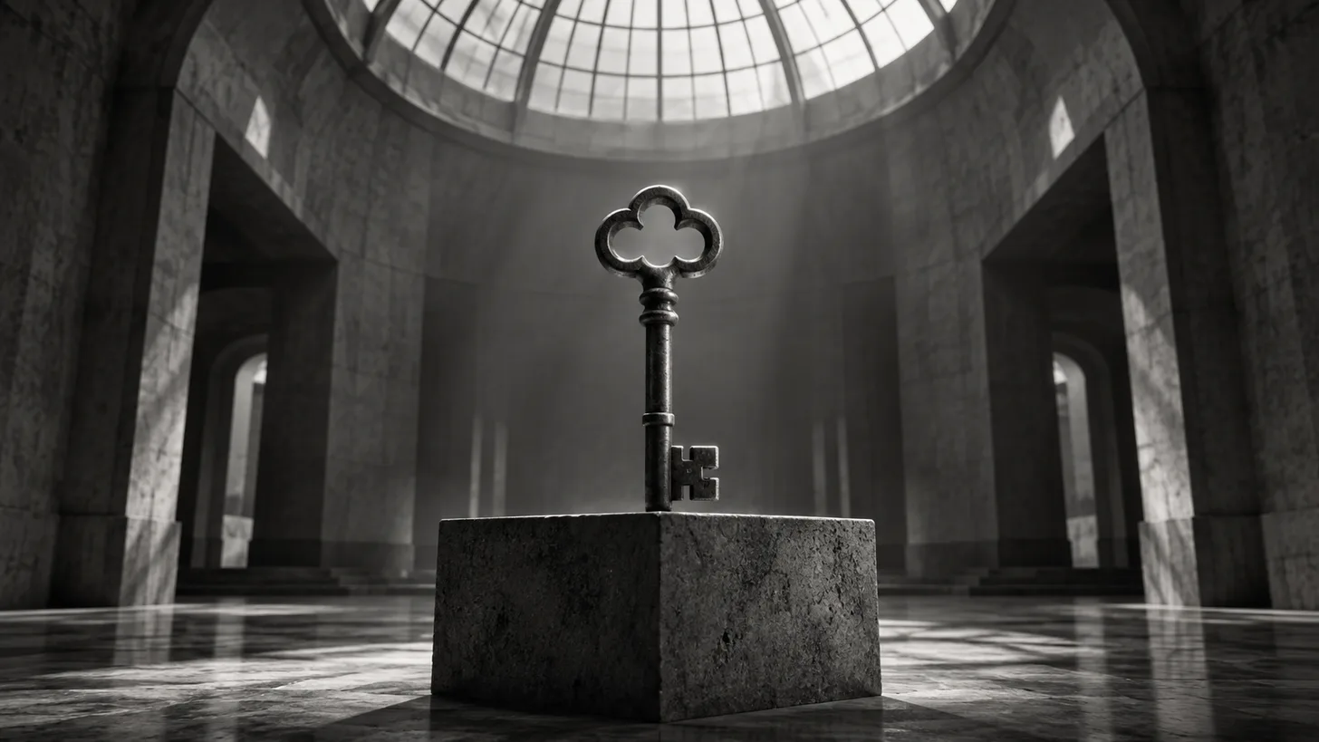 An old heavy master key centered on an elevated concrete pedestal, below a large arched skylight.