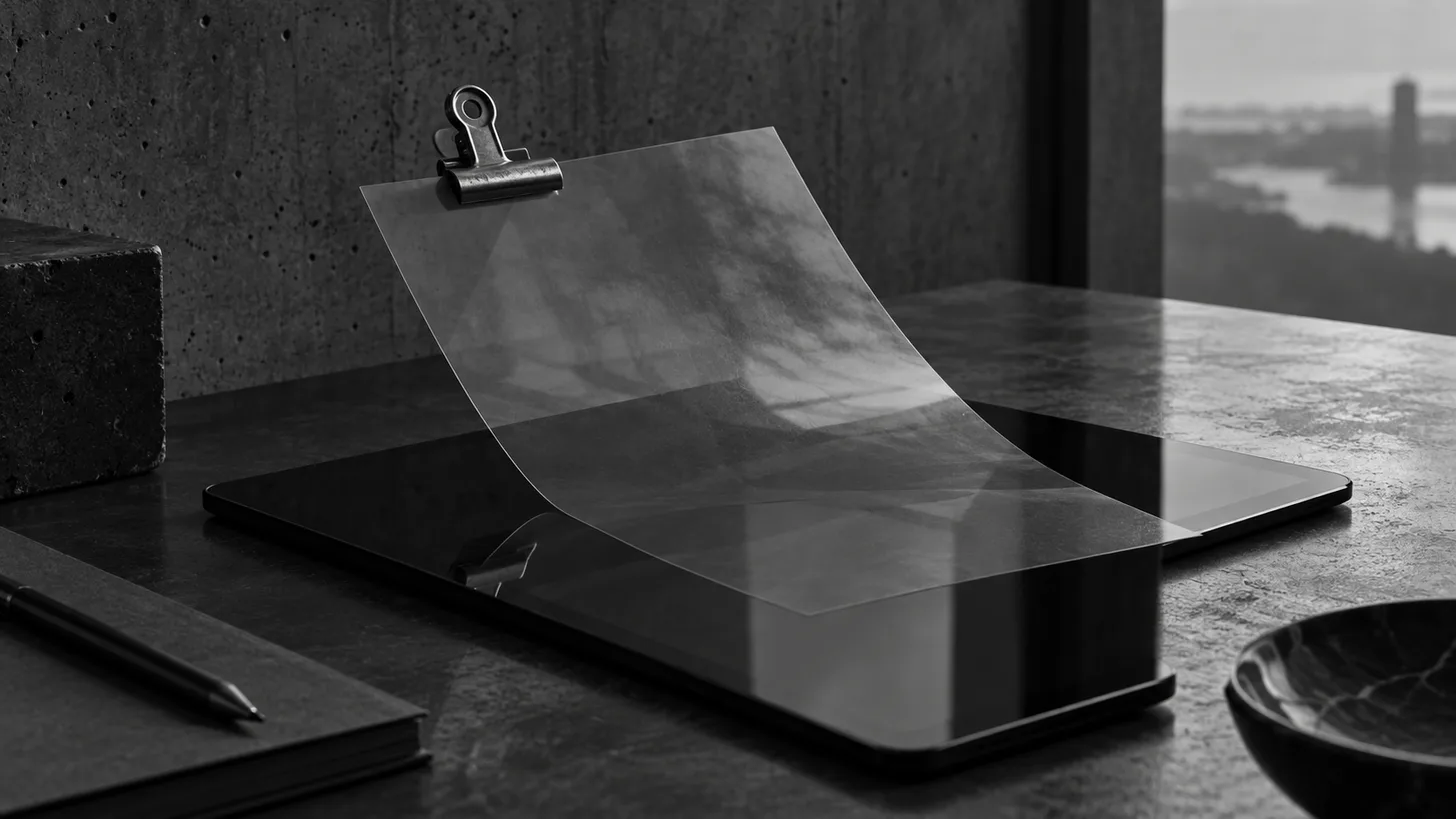 A thin transparent acetate sheet held above a dark tablet by a metal drafting clip.