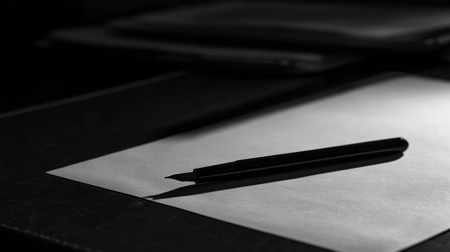 An uncapped black fountain pen lies on a blank sheet, with stacked folders blurred behind it.