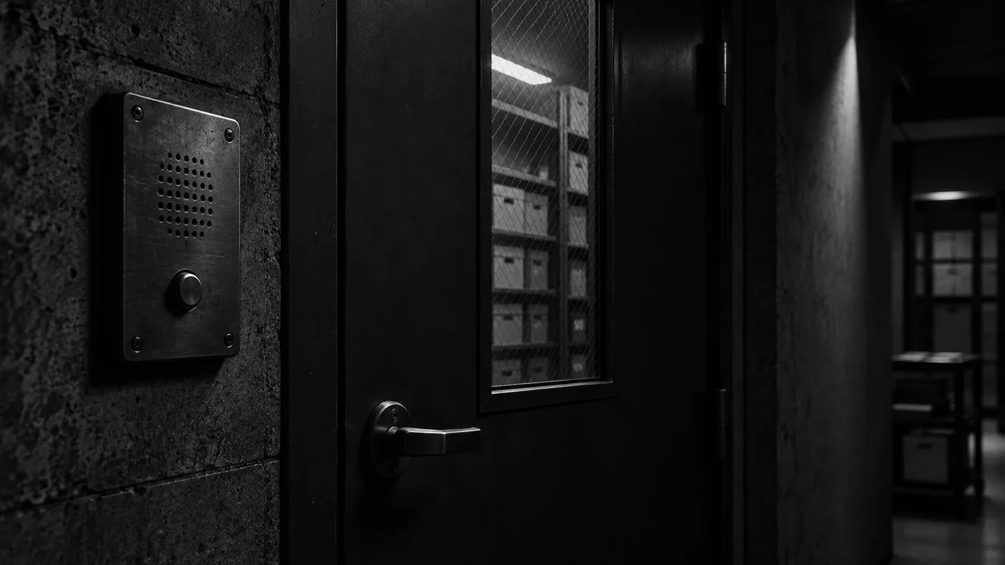 A dark emergency intercom beside a closed records-room door,