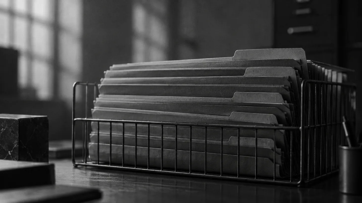 A neatly aligned stack of opaque personnel folders behind a wire desk divider.