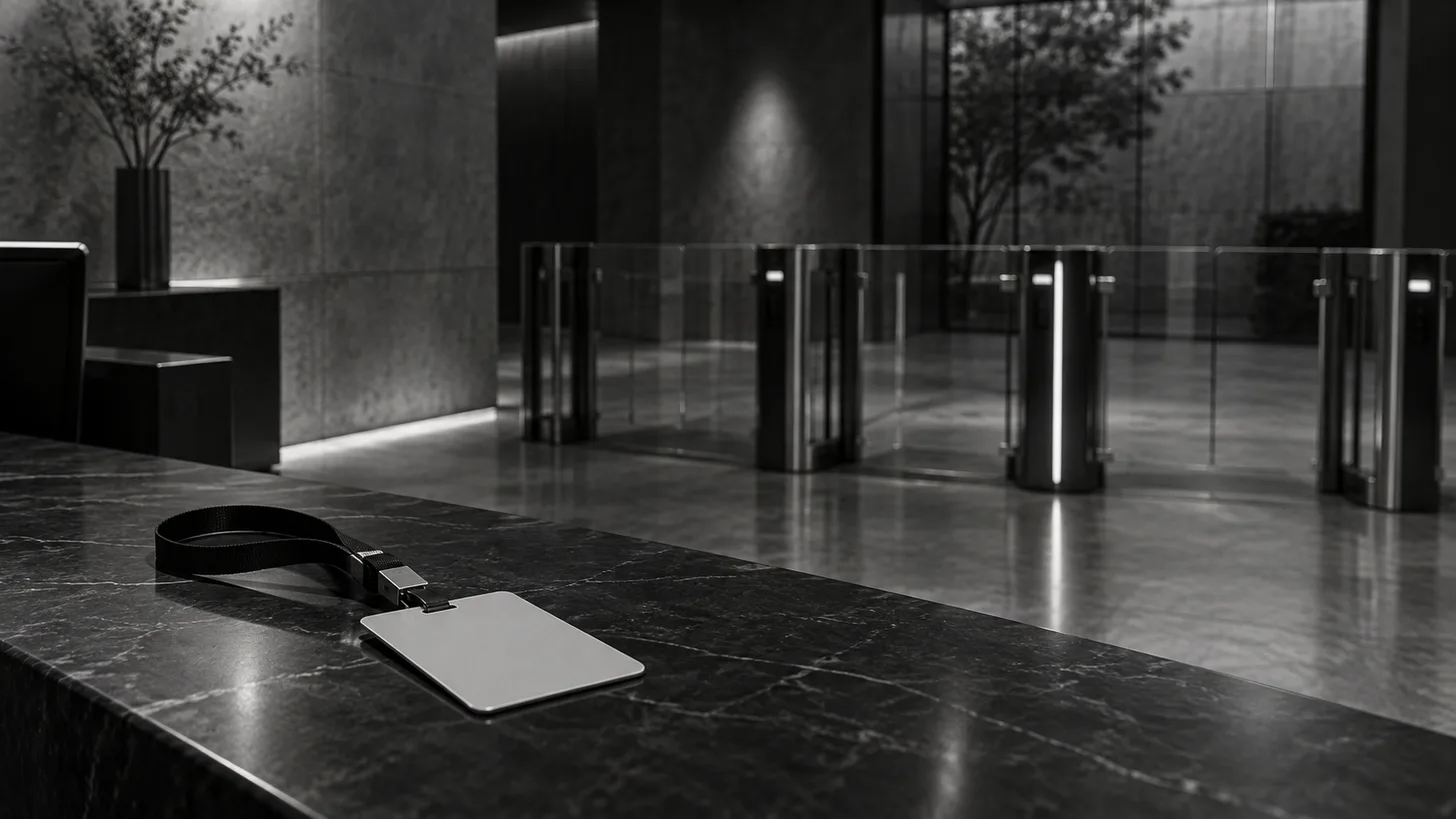 A single blank visitor badge on a dark reception desk in front of a closed glass turnstile.