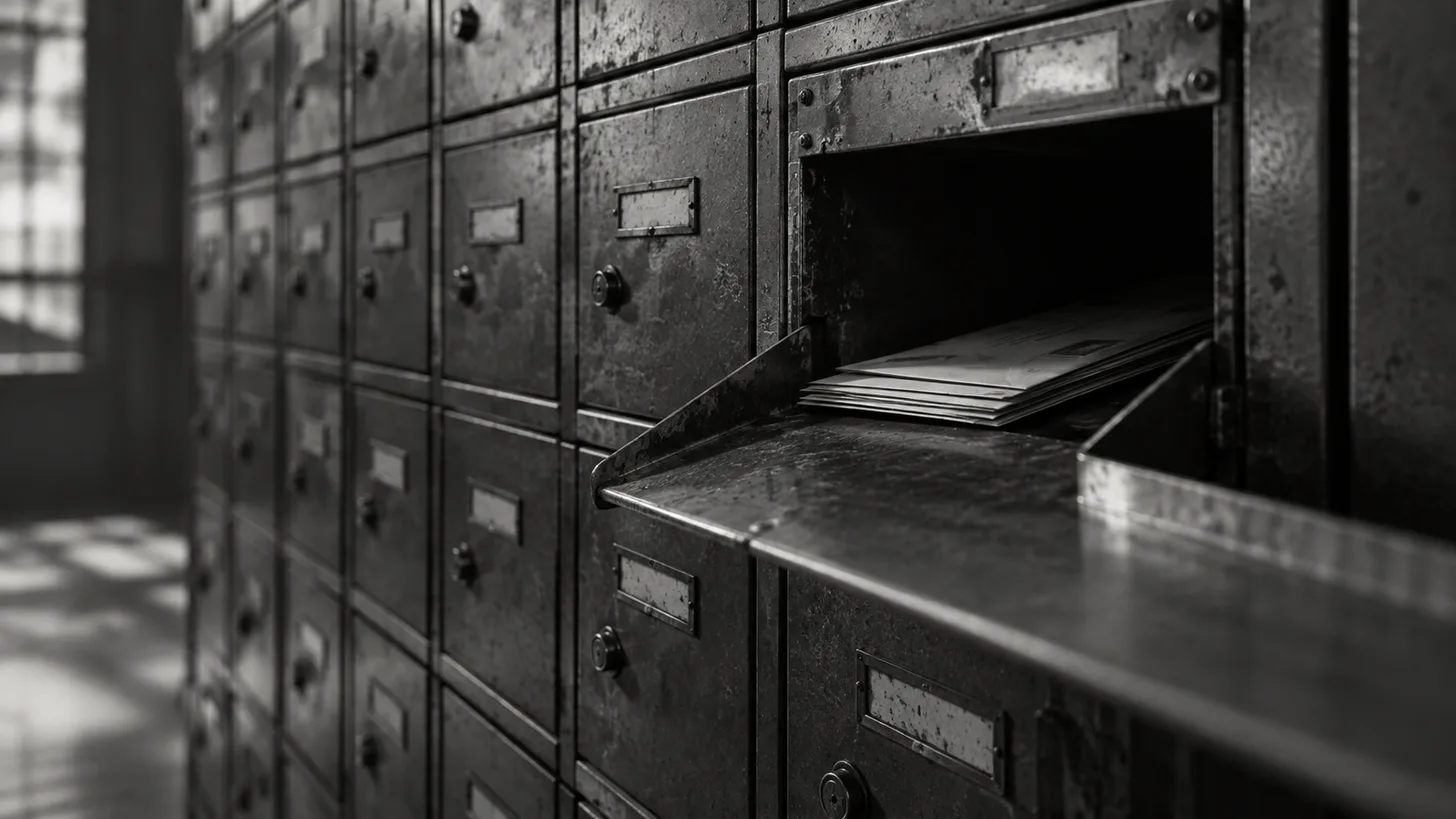 A metal mail sorting cabinet with a single open chute leading out of frame.
