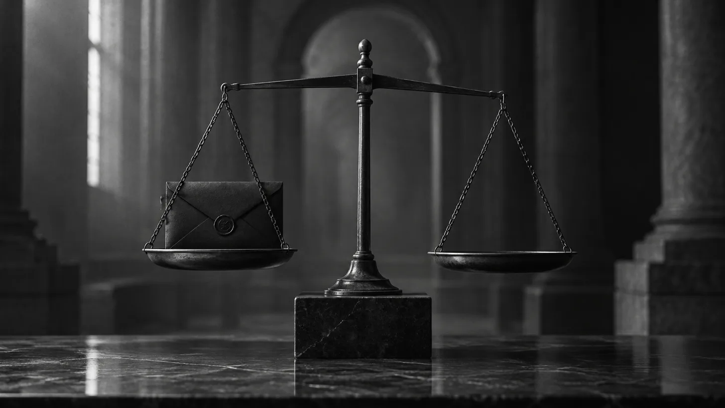 A dark sealed envelope on one side of a small balance scale and an empty tray on the other.
