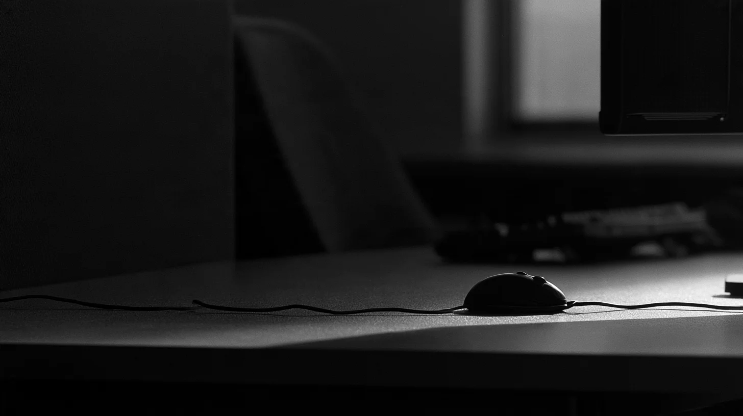 A computer mouse on a desk in front of an empty chair and blurred keyboard.