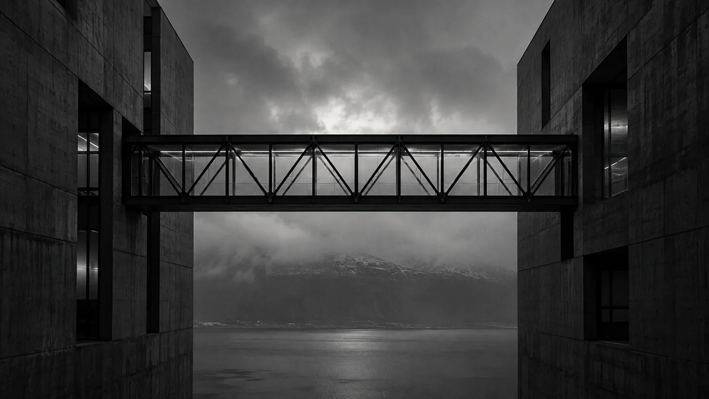 A steel pedestrian bridge connecting two different dark concrete buildings, photographed symmetrically.