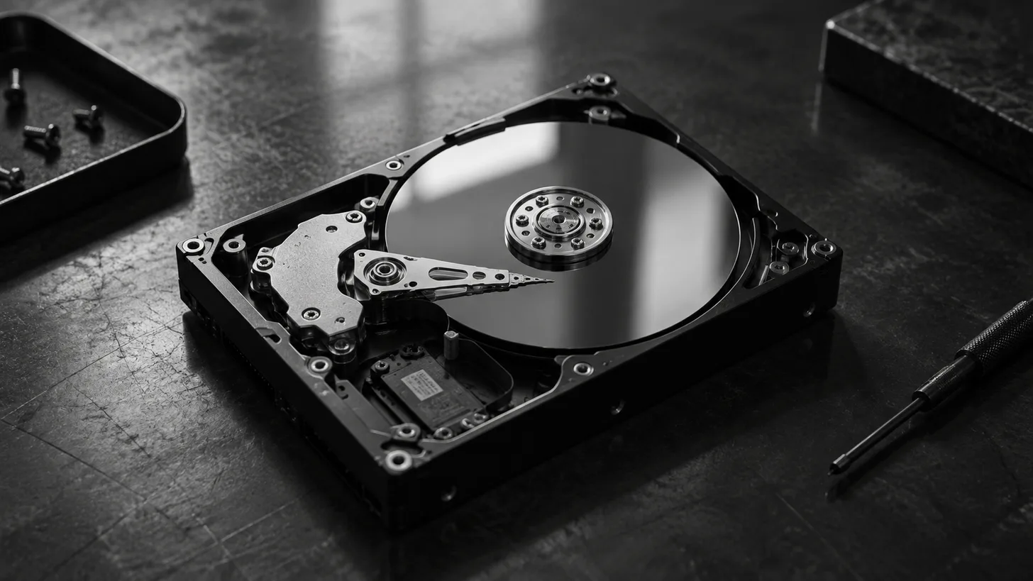 A single uncovered hard disk on a graphite workbench with a subtle overhead rectangular light reflection.