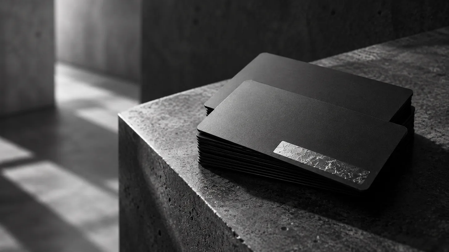 A stack of blank matte plastic gift cards, one partly exposing a metallic scratch-off strip,