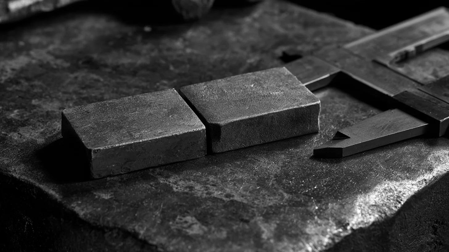 Two rectangular metal blocks beside a metal measuring tool on a textured workbench.