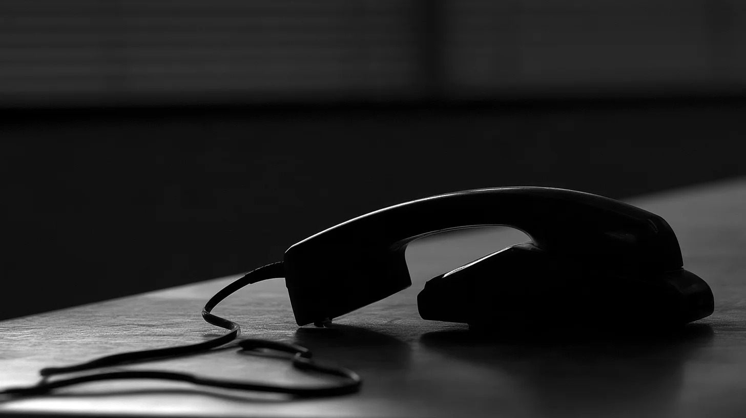 A black corded telephone handset rests at an angle on its base.