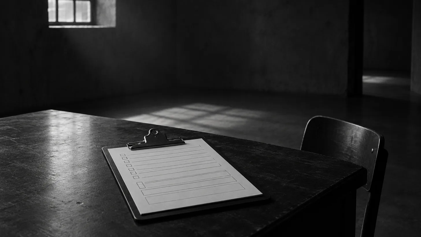 A blank paper questionnaire with empty ruled boxes on a clipboard in an otherwise empty dark room.