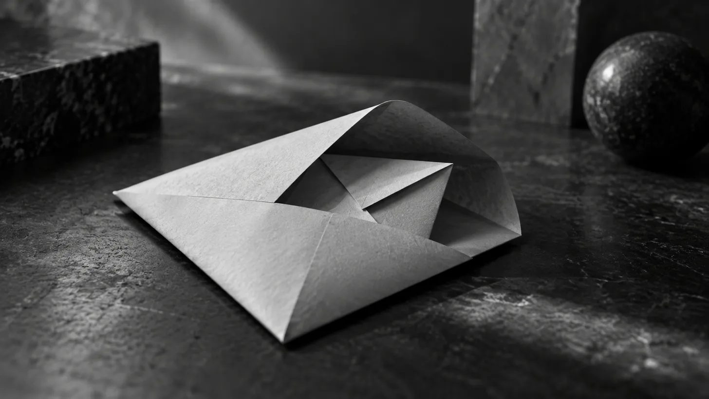 A small folded paper envelope opening onto a second folded paper object, monochrome tabletop still life.