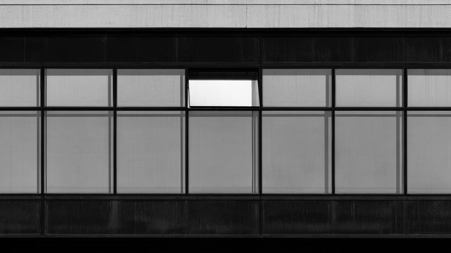 One upper pane stands open in a wall of dark-framed frosted windows.