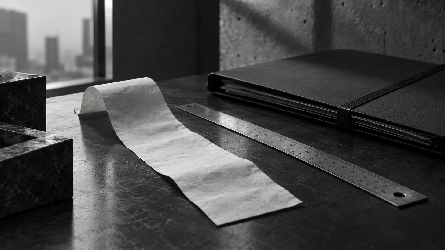 An unmarked long receipt beside a metal ledger ruler and a closed purchase-order folder.