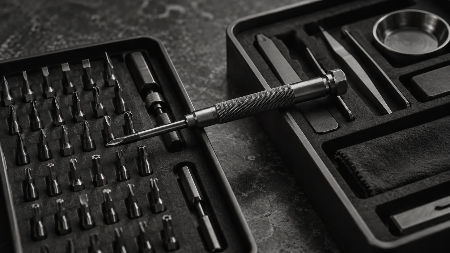 A carefully organized precision tool kit with one screwdriver laid across the boundary between two trays.