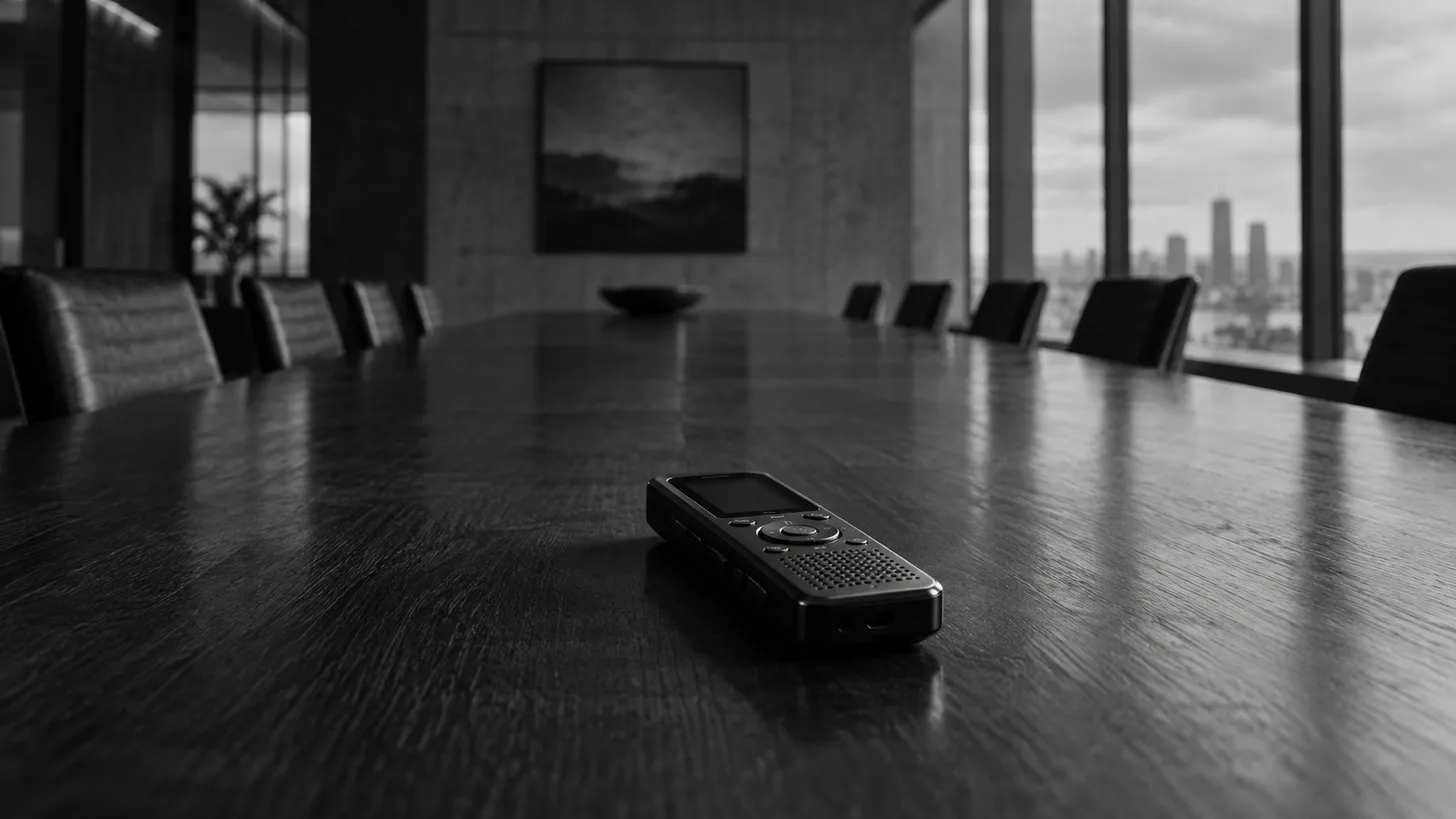 A compact voice recorder with an unlit screen on a long empty conference table.