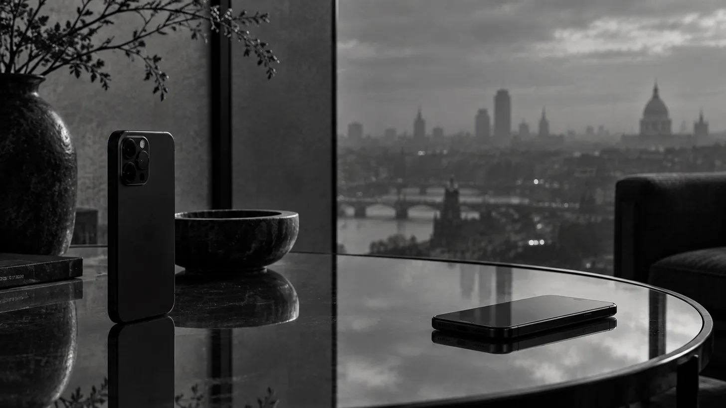 Two different dark mobile phones on opposite sides of a reflective glass tabletop, one upright one flat.