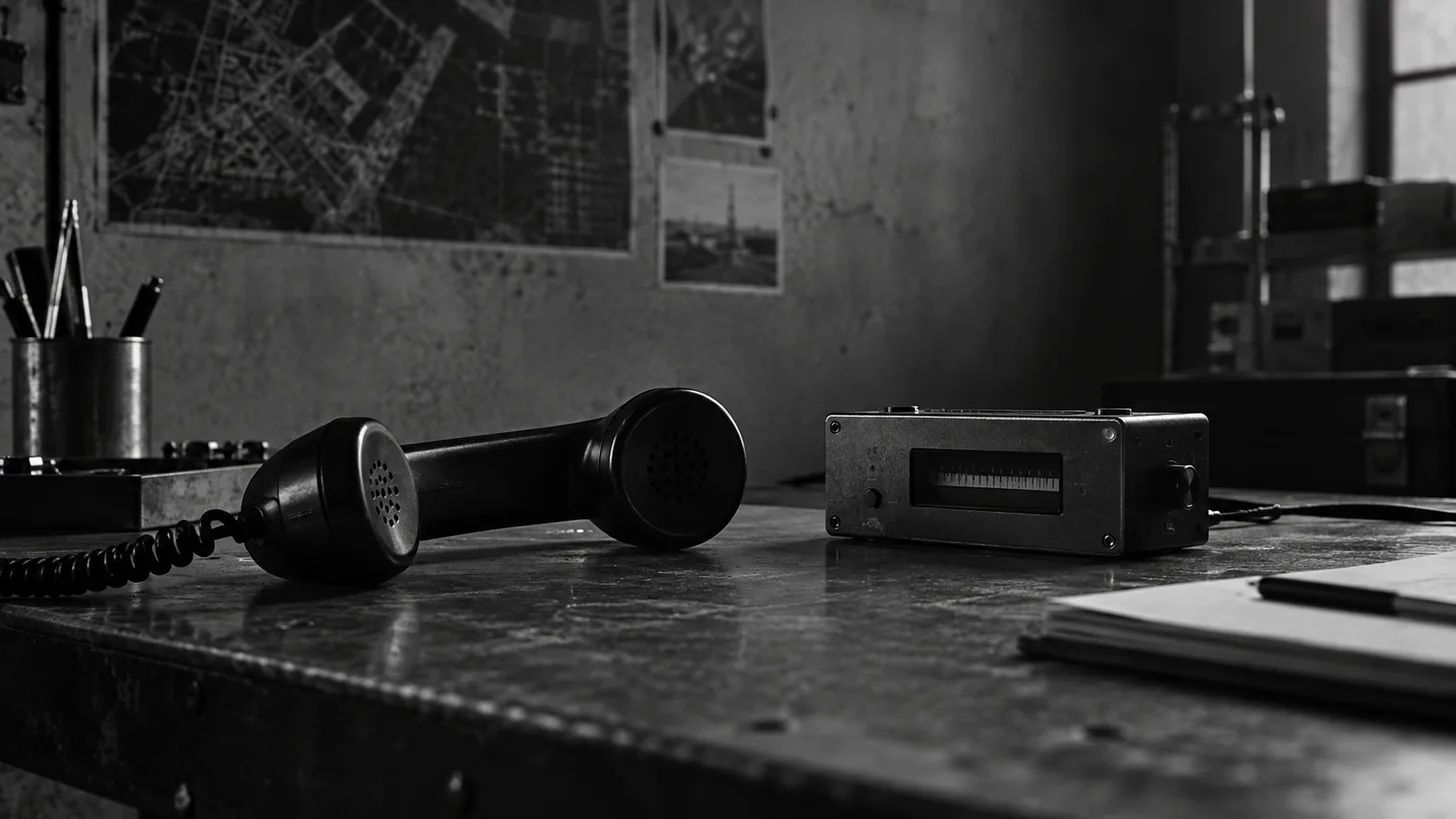 A telephone handset beside a small unmarked timestamp recorder, austere technical workbench.