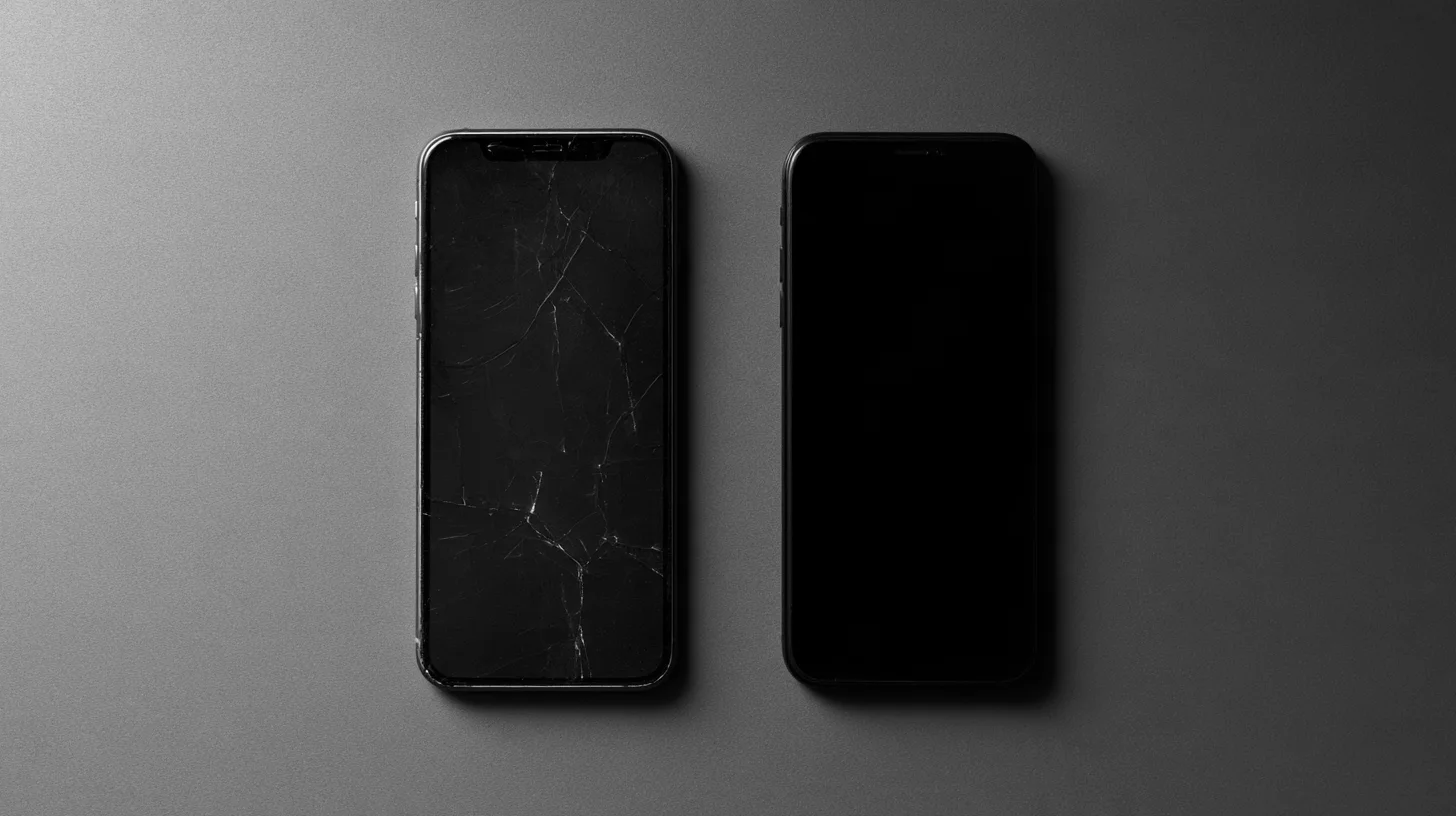 Two phones lie side by side, one with a cracked screen and the other with an intact dark screen.