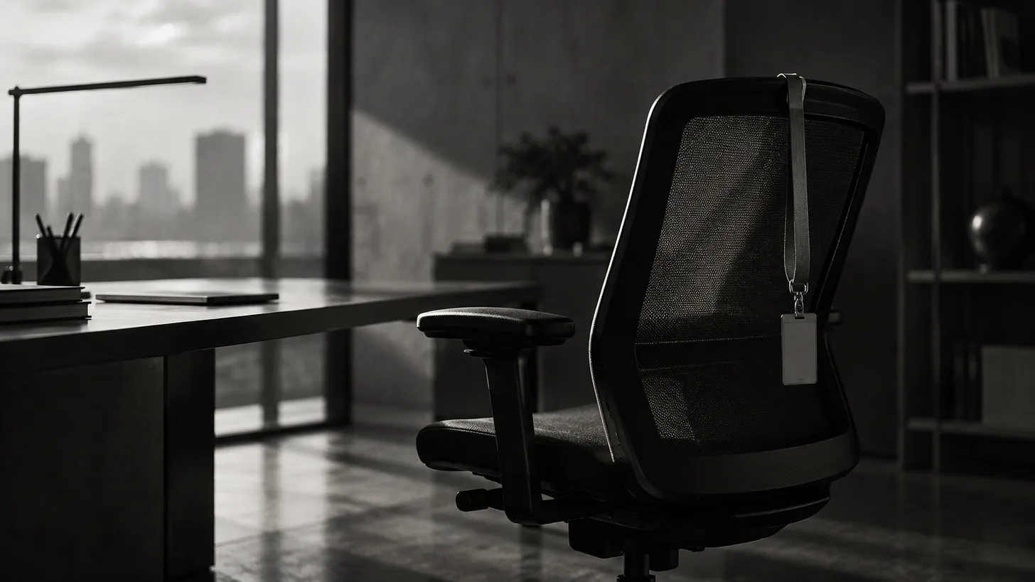 An empty office chair with an unmarked lanyard hanging from its back, side lighting.