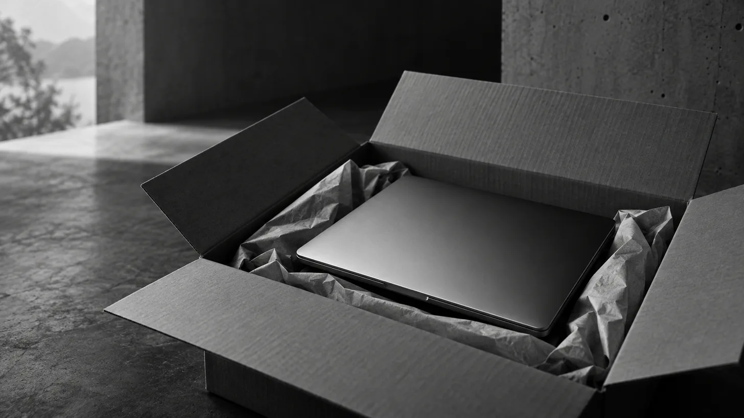 A closed laptop halfway inside an open plain shipping box, packing material neatly folded.