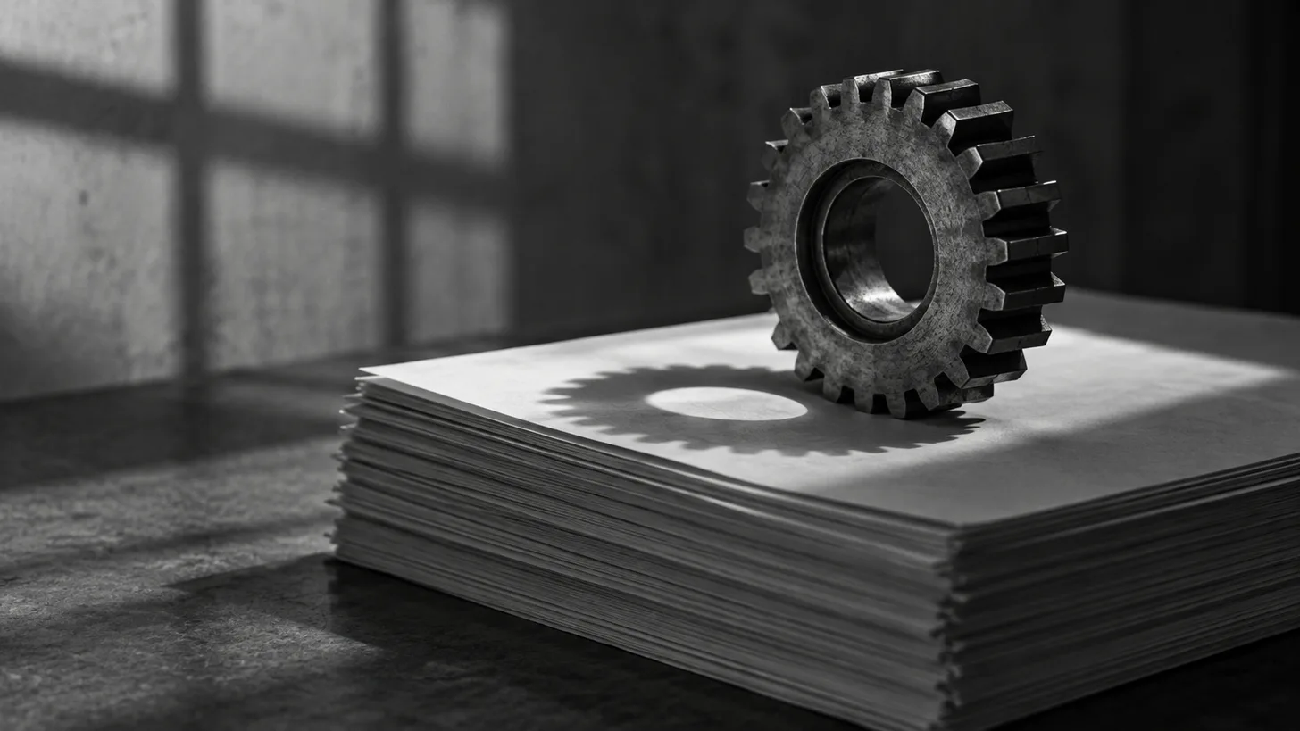 A stack of office paper beneath a mechanical gear casting a circular shadow, restrained still life.