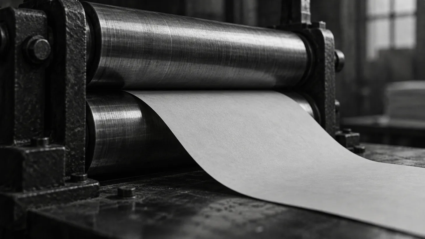 A sheet of paper passing between two stationary metal rollers on an industrial workbench.