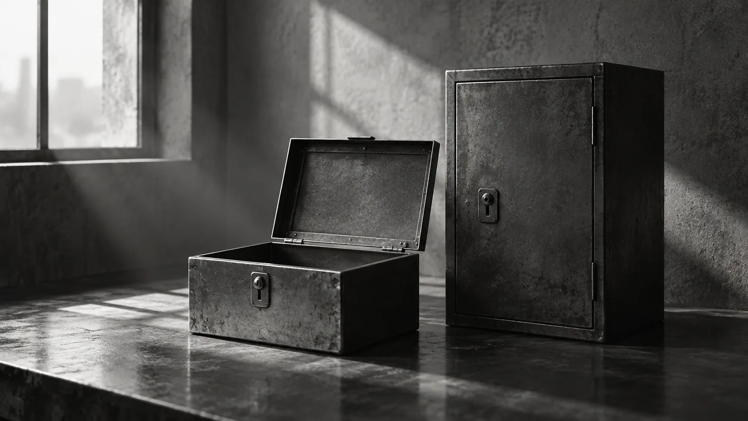 An open empty metal lockbox beside a closed taller lockbox, lit by a thin window.