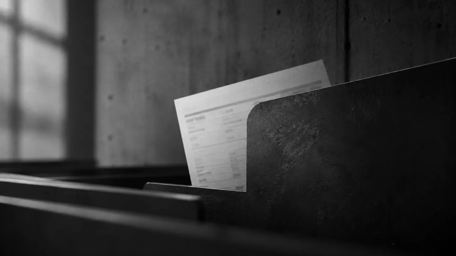 A paper payslip disappearing behind a dark metal file divider,
