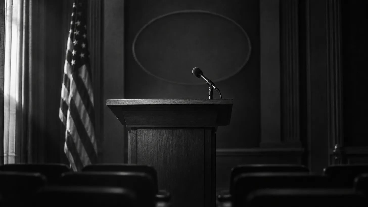An unbranded microphone resting on an empty podium in a dim press briefing room.