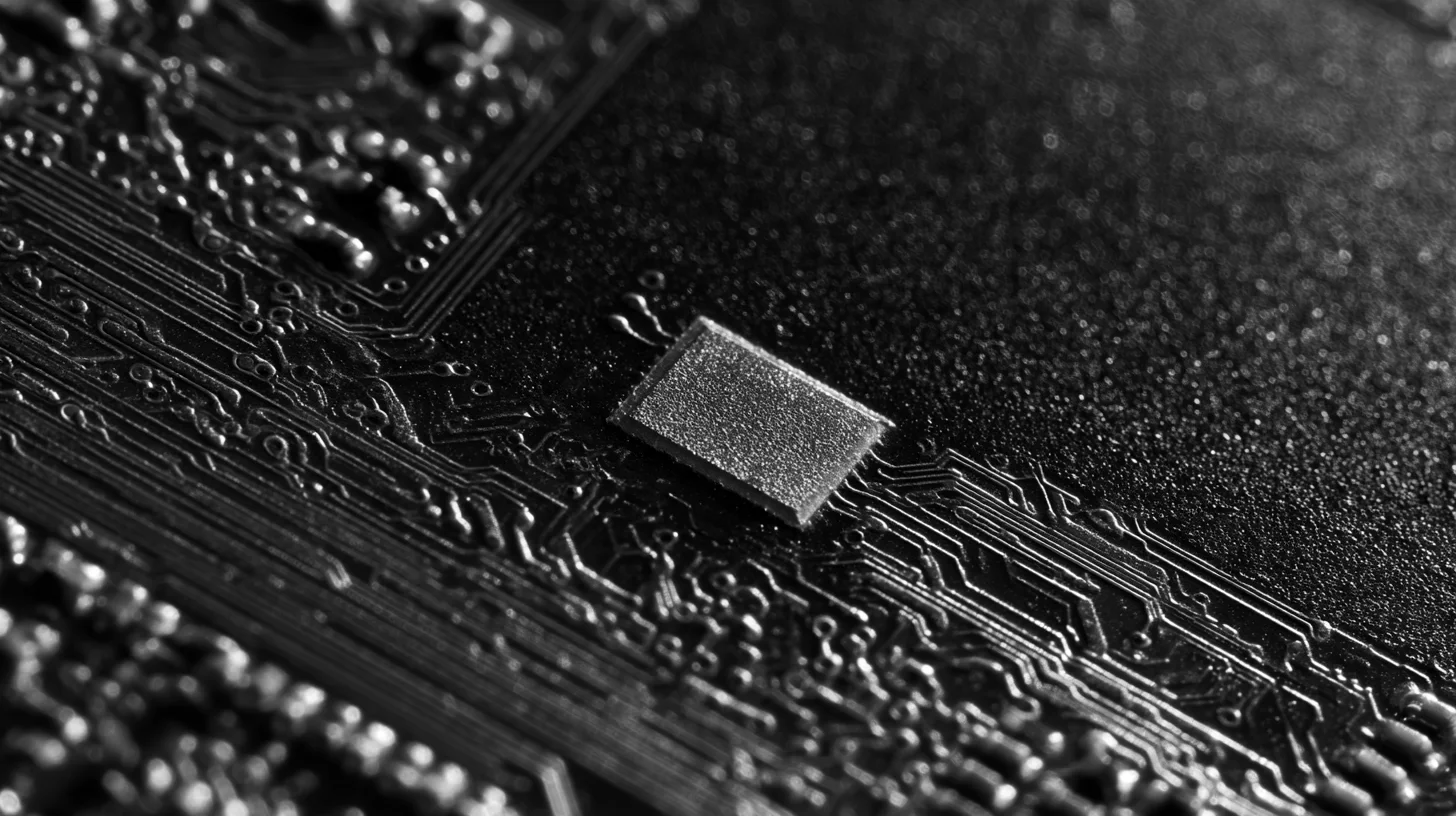An unmarked chip amid fine traces on a circuit board, with soft focus around the edges.