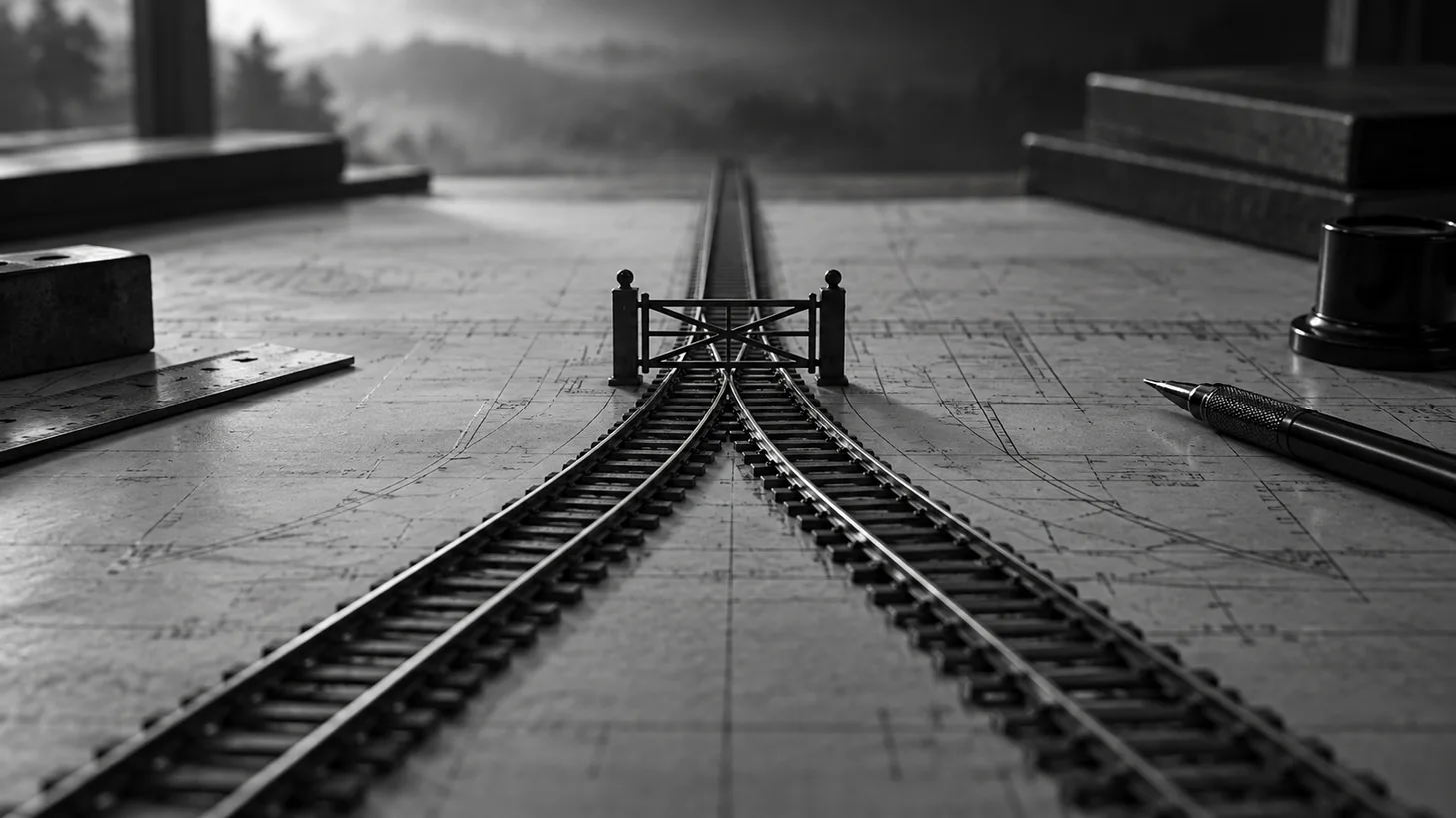 Two parallel tracks on a technical drafting table merging into one, a small physical gate at the junction.
