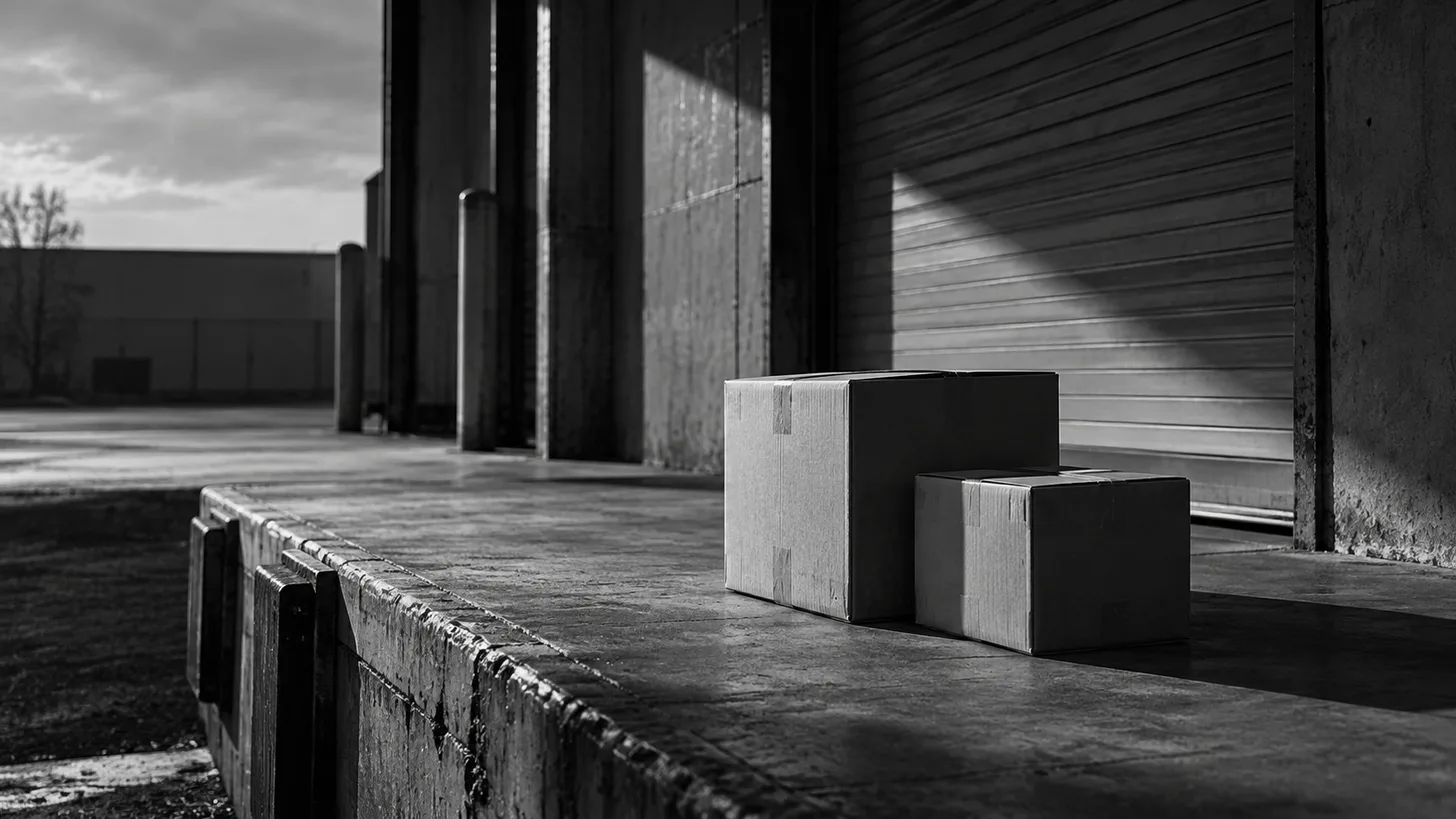 Two sealed unmarked cardboard parcels on an empty loading dock, stark sidelight.